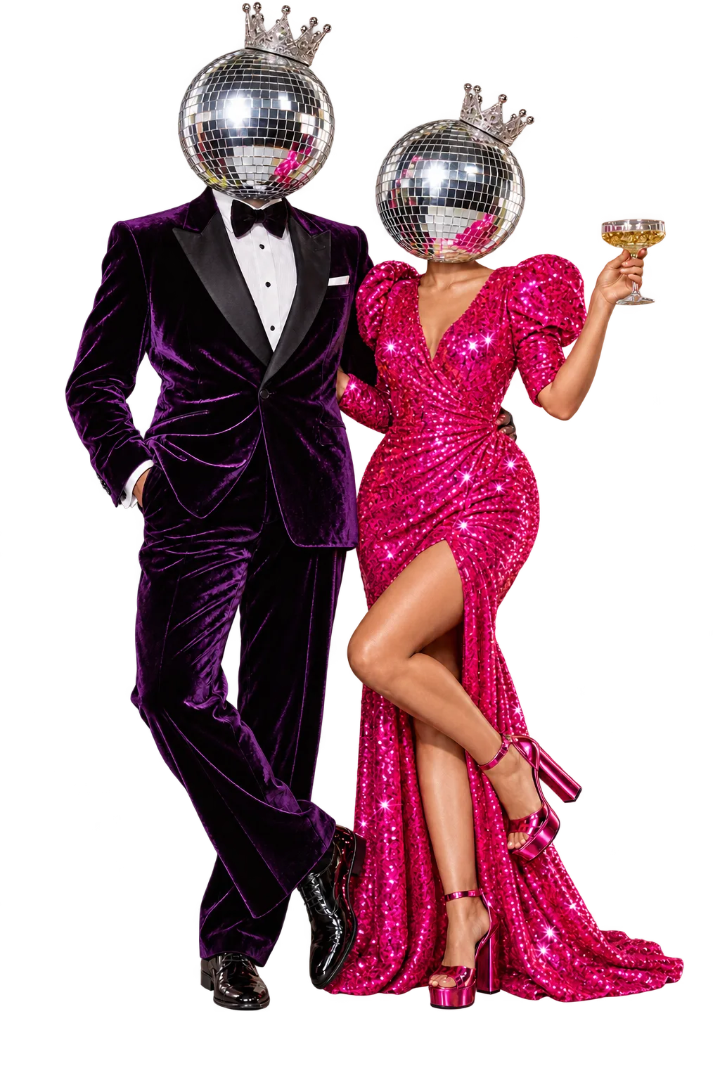 Two party guests in festive outfits with mirror disco balls instead of heads
