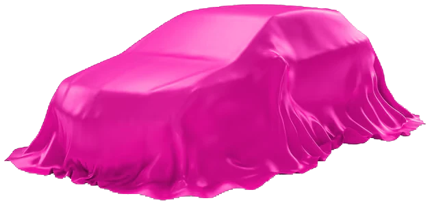A car hidden under a pink cover, waiting for its winner